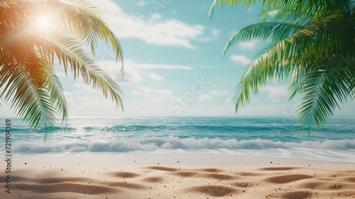 Tropical island sea beach  beautiful paradise nature panorama landscape  coconut palm tree green leaves  turquoise ocean water  blue sky sun white cloud  yellow sand  summer holidays  vacation  travel