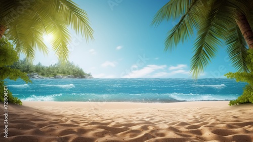 Tropical island sea beach, beautiful paradise nature panorama landscape, coconut palm tree green leaves, turquoise ocean water, blue sky sun white cloud, yellow sand, summer holidays, vacation, travel