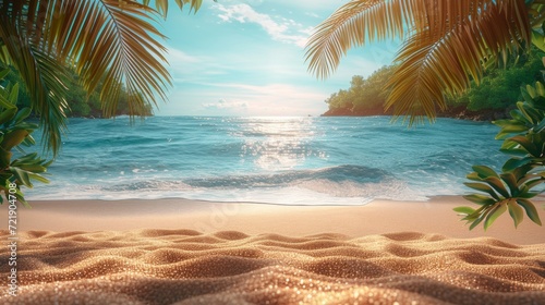 Tropical island sea beach, beautiful paradise nature panorama landscape, coconut palm tree green leaves, turquoise ocean water, blue sky sun white cloud, yellow sand, summer holidays, vacation, travel © ND STOCK