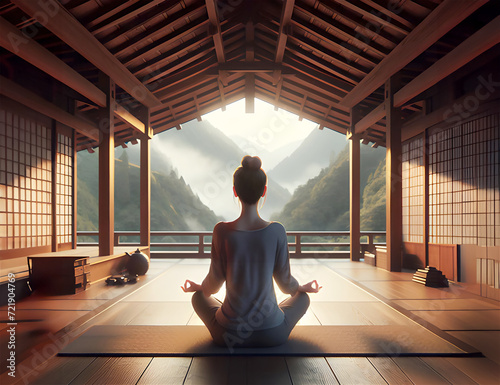 Woman meditating in a japanese house next to a natural paradise. Digital art. photo
