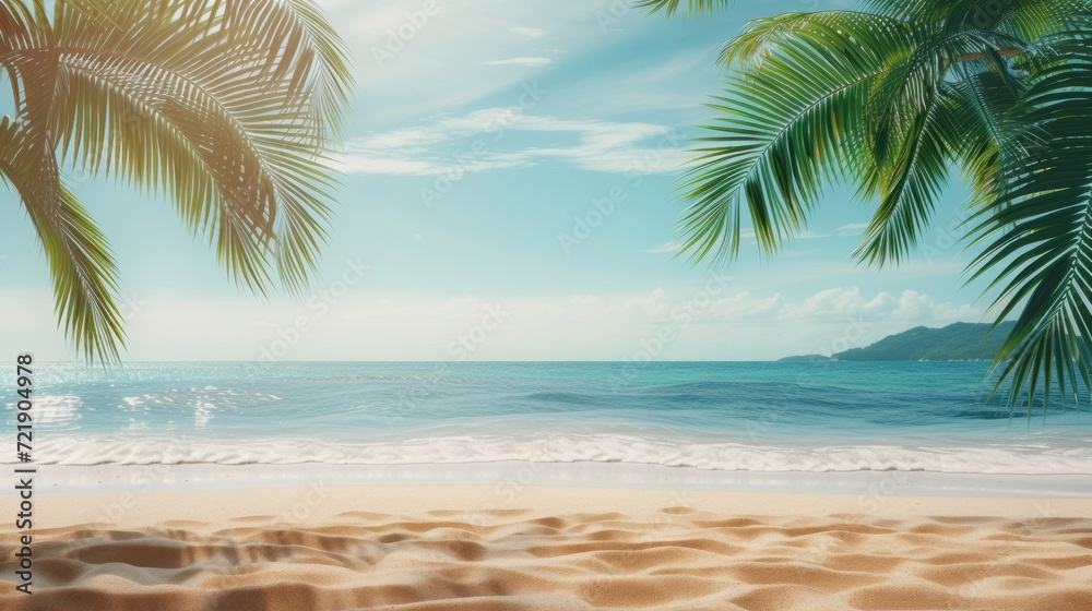 Tropical island sea beach, beautiful paradise nature panorama landscape, coconut palm tree green leaves, turquoise ocean water, blue sky sun white cloud, yellow sand, summer holidays, vacation, travel