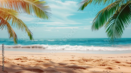 Tropical island sea beach  beautiful paradise nature panorama landscape  coconut palm tree green leaves  turquoise ocean water  blue sky sun white cloud  yellow sand  summer holidays  vacation  travel