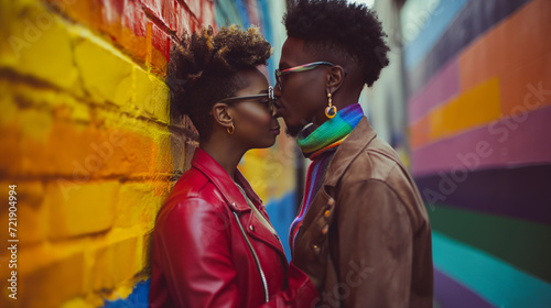 Gleichgeschlechtliches Paar küsst sich in der Öffentlichkeit zum Valentinstag wahre Liebe zeigen lgbtq Generative AI