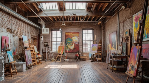Bohemian Art Studio Unleash creativity in a vibrant space with splashing paints on exposed brick walls, canvases on vintage easels, sunlight through skylights, and a jumble of art supplies photo