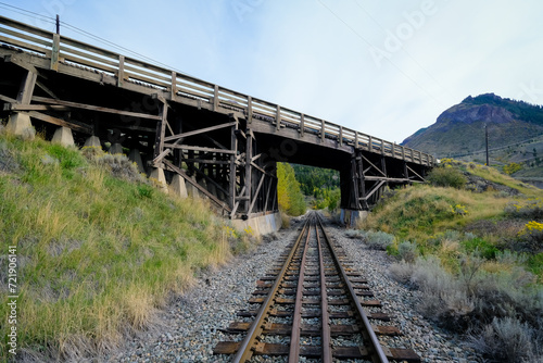 Bridge Over the Rails: A scenic shot capturing the grace of a bridge traversing train tracks, blending industrial and natural elements in perfect harmony. British Columbia, Canada