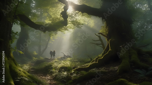 "Enchanted Forest Light: Couple's Serene Walk in Misty Woods" AI-Generative