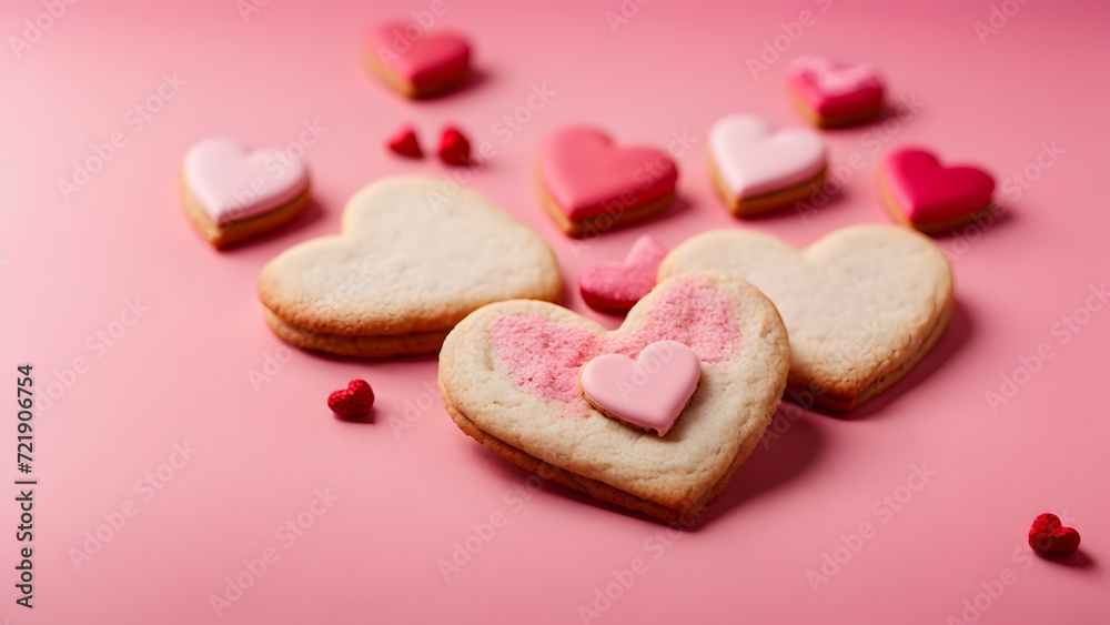 Heart shaped cookies on pink background, top view with space for text. Heart shaped cookies on pink background, top view with space for text.