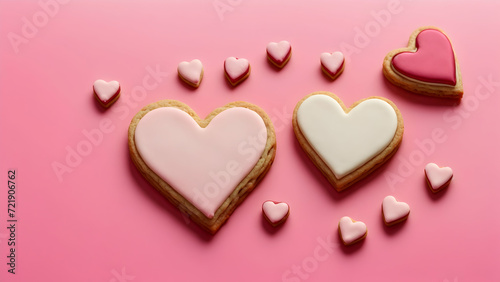 Heart shaped cookies on pink background, top view with space for text.