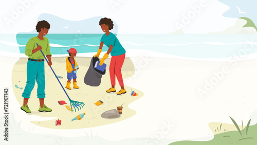 African American family cleaning up trash and waste on the beach. Caring for the environment, protecting the ecology. Banner with copy space. Vector stock illustration.