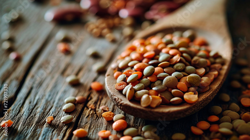 lentils on a wooden spoon in close-up on a beautiful background. The concept of a grocery store. photo
