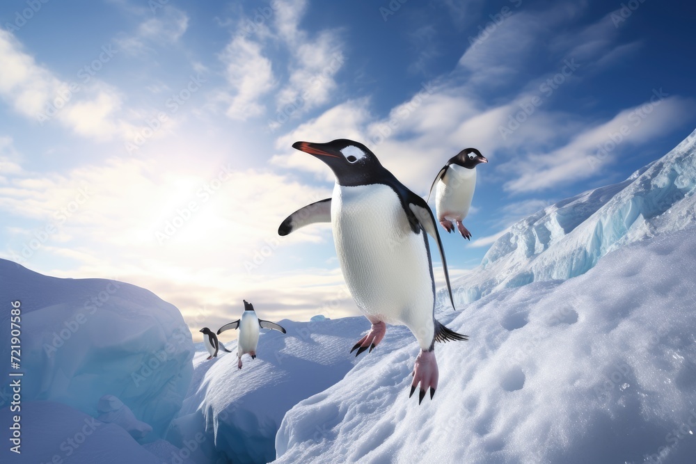 Penguins sliding down a snowy hill.