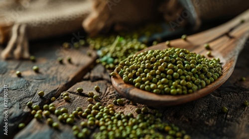 mung beans on a wooden spoon in close-up on a beautiful background. The concept of a grocery store. photo
