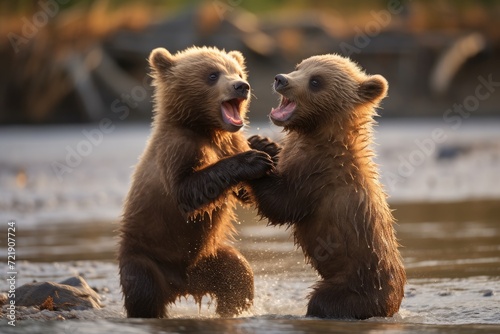 A bear cub playfully wrestling with its sibling. photo