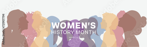 Women's History Month banner design with colorful silhouette of women. Vector illustration