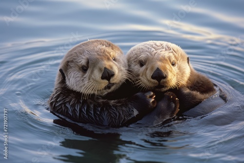 Sea otters floating on their backs, holding hands. © OhmArt