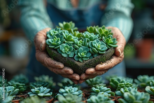 Close-up of hands creating personalized heart-shaped succulent planters