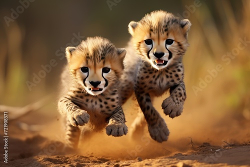 Cheetah cubs tumbling and chasing each other.