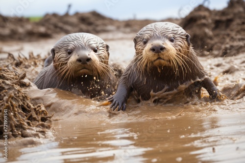 Otters sliding down a muddy riverbank. © OhmArt