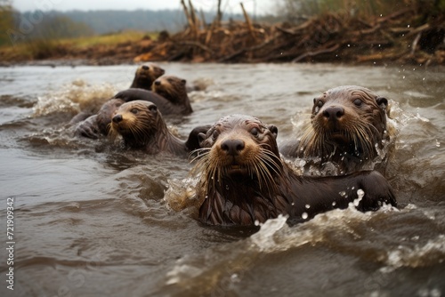 Otters sliding down a muddy riverbank. © OhmArt