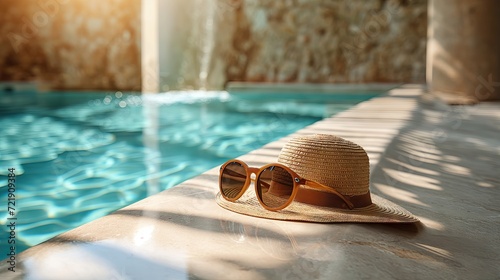 sunglasses and a straw hat on the poolside with sunlight and shadows. photo
