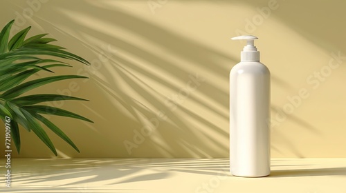 an Empty white dispenser bottle mock-up with sunlight and shadow on a beige background.