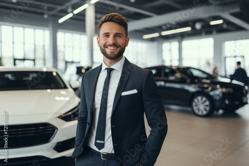 Confident car salesman smiling in dealership showroom