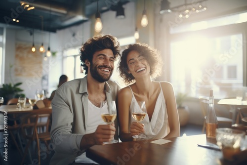 Joyful couple toasting wine glasses in a cozy restaurant photo