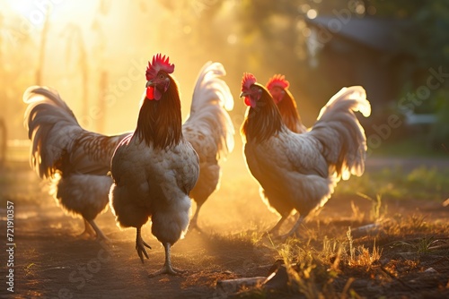 Roosters crowing and strutting in the morning sun. © OhmArt