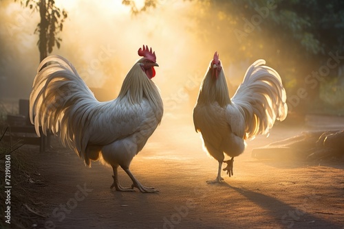 Roosters crowing and strutting in the morning sun. Fototapeta
