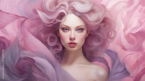 Beautiful young woman with pink hair and flowers. Portrait of a girl with curly hair.