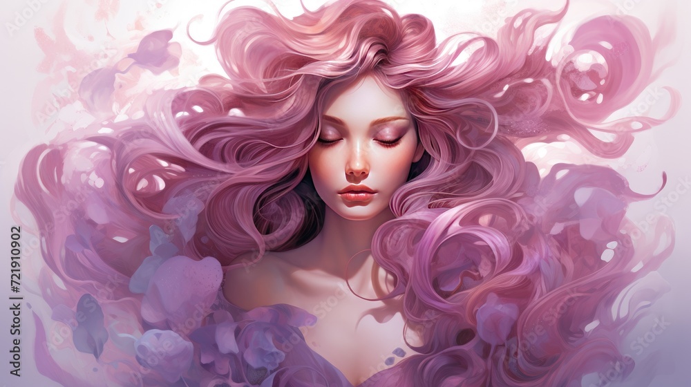 Beautiful young woman with pink hair and flowers. Portrait of a girl with curly hair.