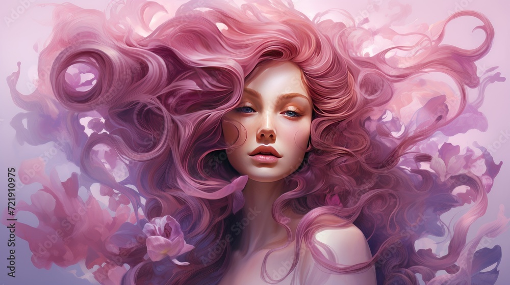 Beautiful young woman with pink hair and flowers. Portrait of a girl with curly hair. Beautiful young woman with pink hair and flowers. Portrait of a girl with curly hair.