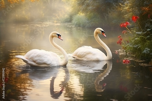 Swans gliding gracefully across a serene pond.