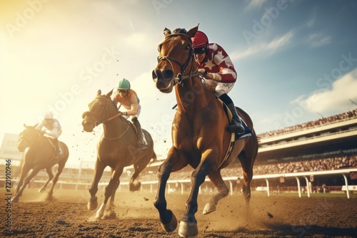 Thoroughbred horses racing on track, jockeys competing © Iona