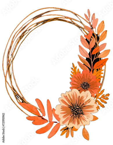 Autumn floral frame isolated on white. Fall wreath. Rusty flowers circle border. Terracotta wedding