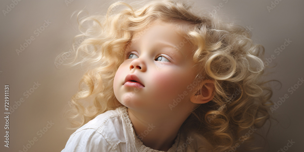 Portrait of a curious blonde toddler with curly hair gazing upwards in soft light AI Generative Portrait of a curious blonde toddler with curly hair gazing upwards in soft light AI Generative