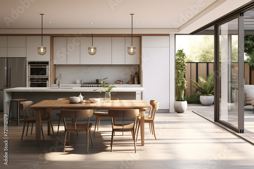 An open plan kitchen with a dining area
