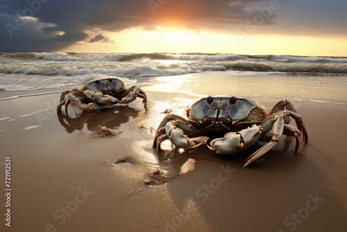 Crabs scuttling along the sandy shore.