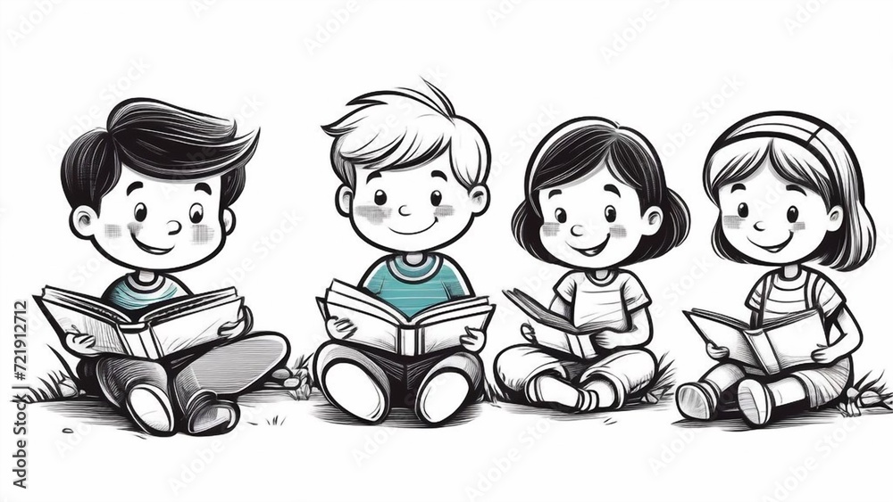 Cute boys and girls are reading books.illustration isolated on white background Cute boys and girls are reading books.illustration isolated on white background