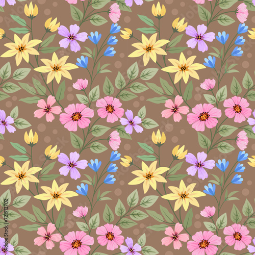 Cute colorful flowers and leaf on brown color background seamless pattern. Can be used for fabric textile wallpaper.
