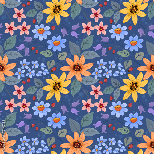 Wallpaper Mural Beautiful blooming flowers design on blue color background seamless pattern. Can be used for fabric textile wallpaper. Torontodigital.ca
