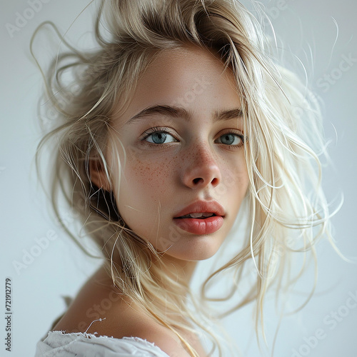 Portrait of a beautiful young girl with blond hair and blue eyes