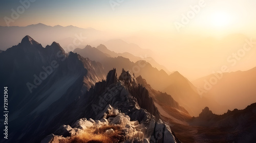 Alpine Glow: Ethereal Sunrise Over Rugged Mountain Range AI-Generative photo