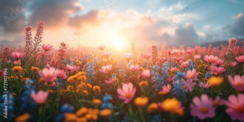 Colorful Wildflowers at Sunset in Field.