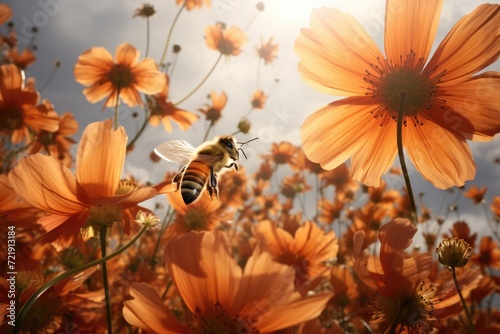 Bees buzzing around a field of blooming flowers.