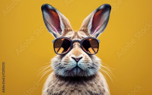 Rabbit wearing sunglasses on yellow background
