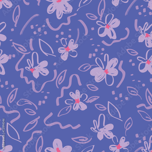 Abstract floral seamless pattern. Bright, pastel colors, gouache painting. Outline contour lines flowers. Scribble patterns
Curved lines and brush strokes.