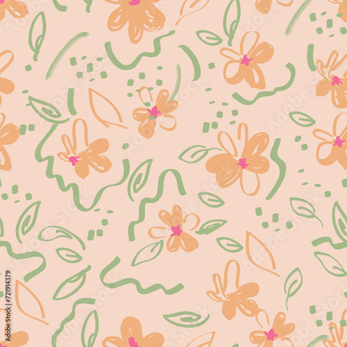 Abstract floral seamless pattern. Bright, pastel colors, gouache painting. Outline contour lines flowers. Scribble patterns
Curved lines and brush strokes.