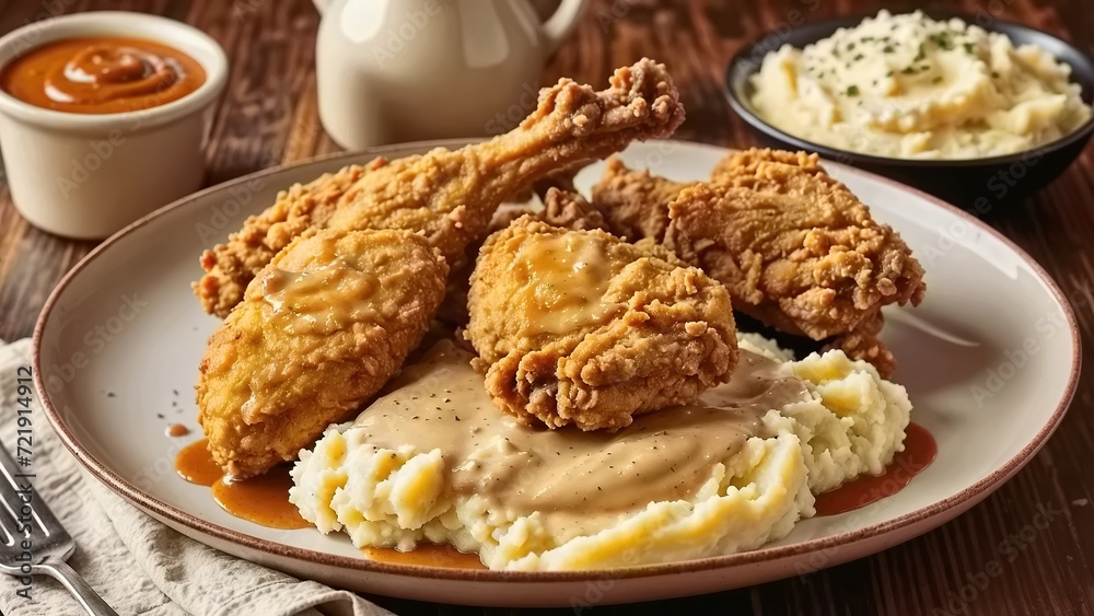 A plate with three pieces of fried chicken, mashed potatoes, and gravy. A plate with three pieces of fried chicken, mashed potatoes, and gravy.