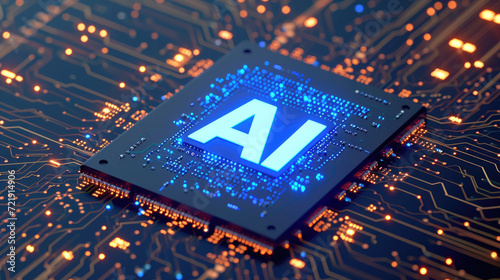 AI flag print screen on Microchip processor on electronic board for important component in computer smartphone, AI is the largest main manufacturing in the world of global supply chain concept.